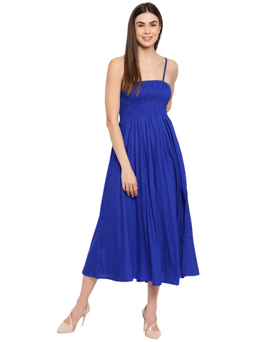 RIHIMA Women's Viscose Rayon Solid Sleeveless Flared Gown (Royal Blue)