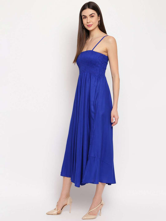 RIHIMA Women's Viscose Rayon Solid Sleeveless Flared Gown (Royal Blue)